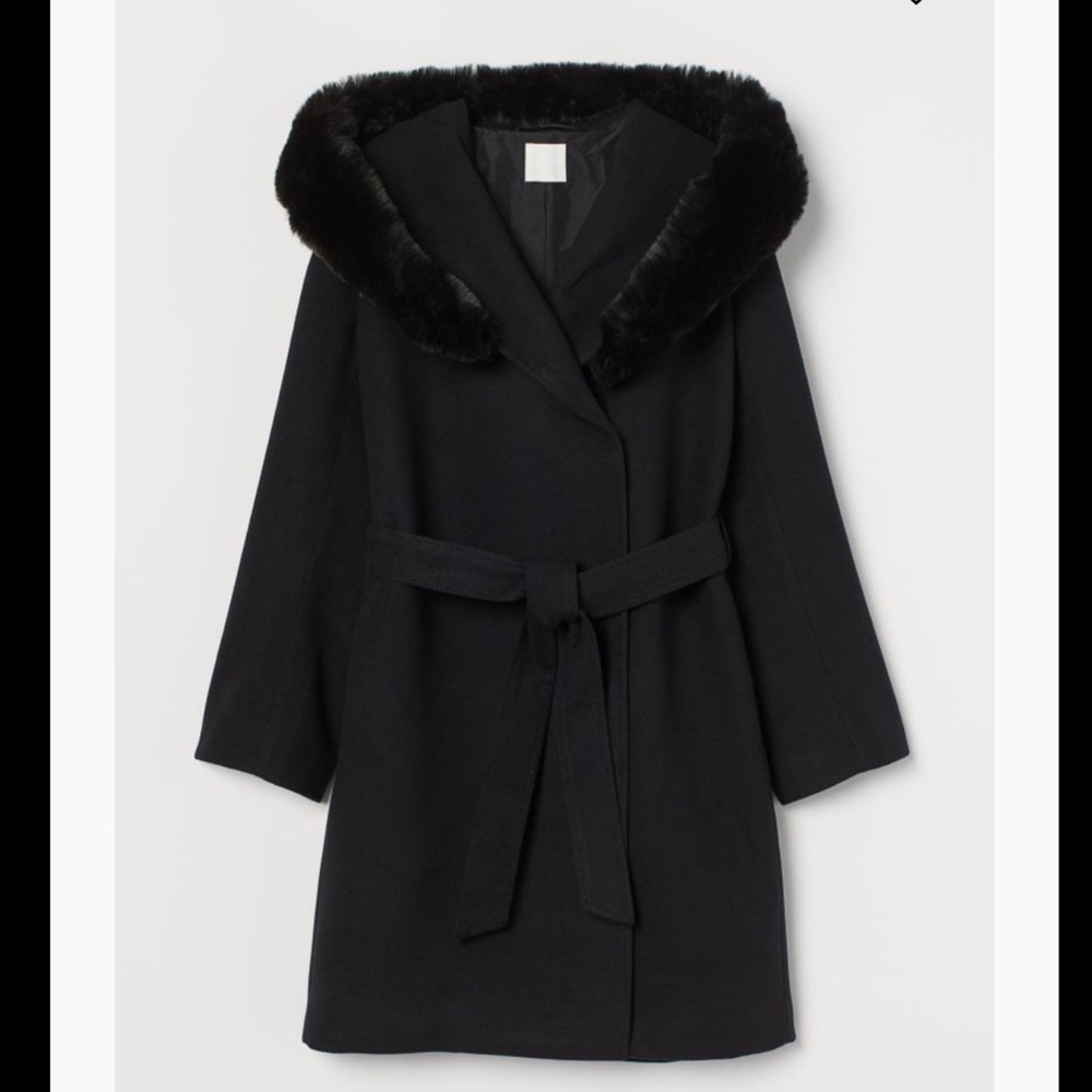 Knee length black faux fur hooded coat